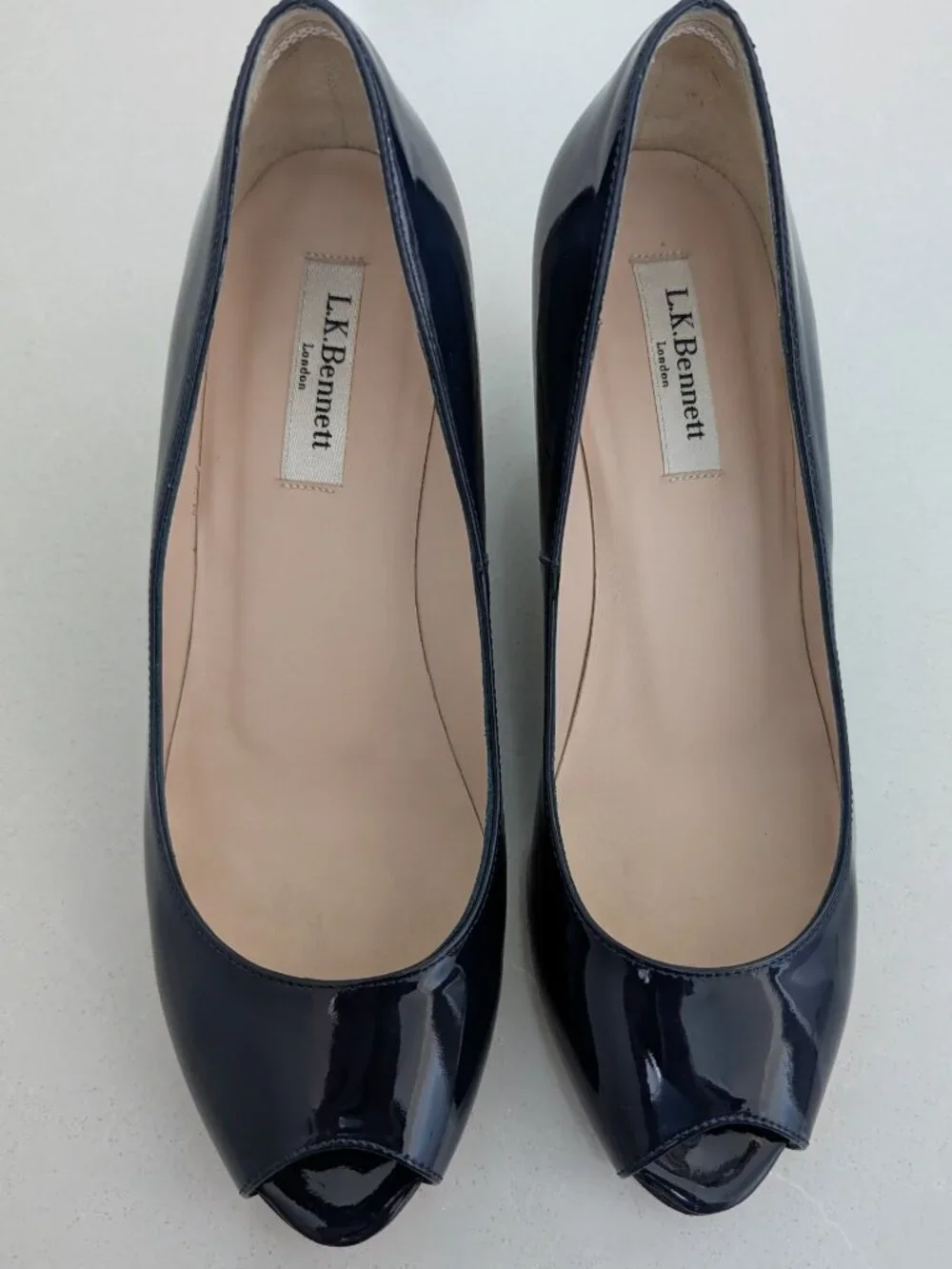 L.K. Bennett Edee Peep-Toe Patent Leather Espadrille Wedge–Navy Blue–US 9.5